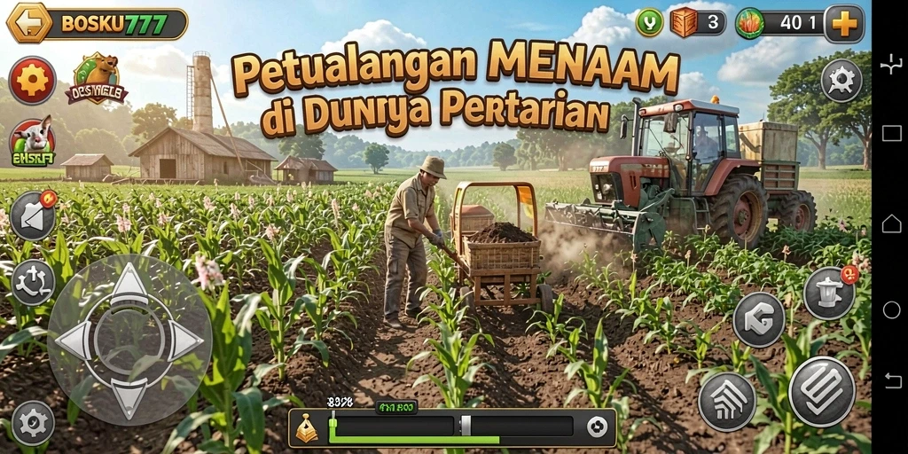 Tangkapan layar gameplay BOSKU777 dengan ladang yang subur dan tanaman beragam.