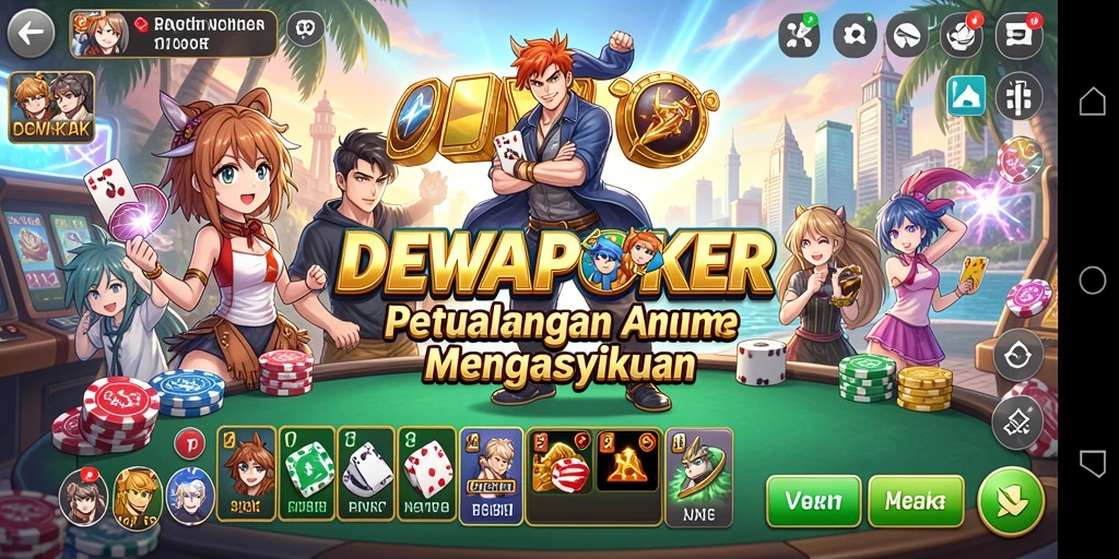Tampilan aplikasi DEWAPOKER saat gameplay dengan karakter Anime.