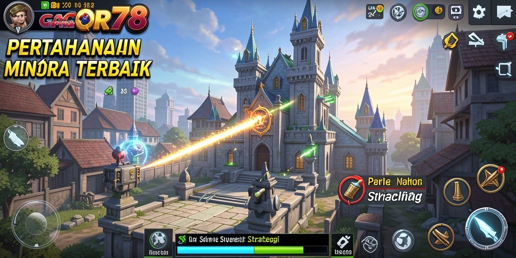 Tampilan gameplay GACOR78 dengan menara dan musuh yang dinamis.