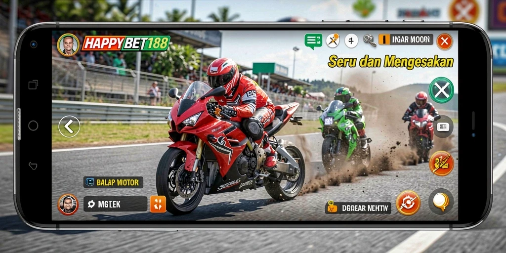 Tampilan layar gameplay balap motor yang memukau dalam <strong>HAPPYBET188</strong>.