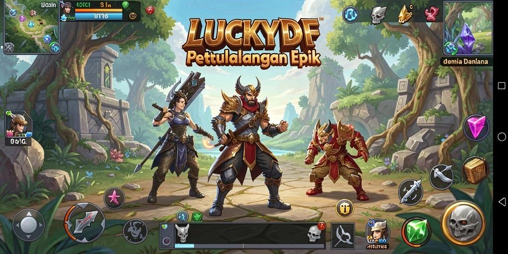 Tampilan RPG gameplay LUCKYDF dengan karakter dan monster menarik.