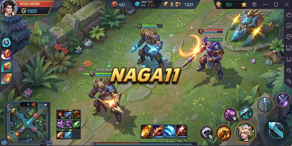 Tangkapan layar gameplay NAGA11 menampilkan aksi bertarung seru di arena MOBA.
