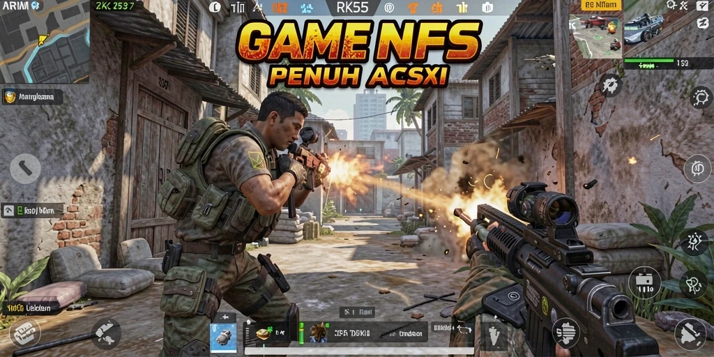 Tampilan aksi nyata dalam game FPS RK55 dengan grafik yang memukau.