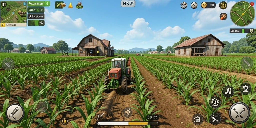 Screenshot gameplay RK77 menunjukkan aktivitas seru bertani.