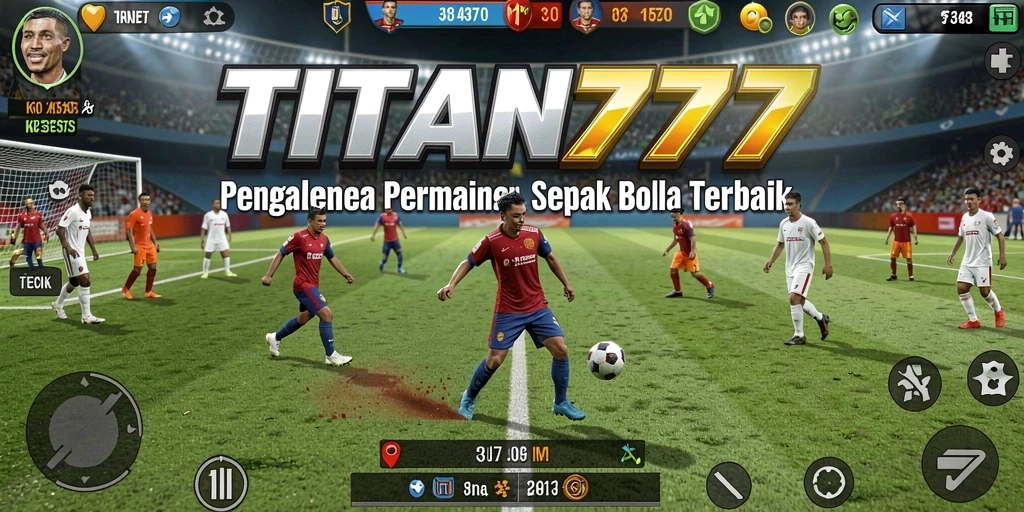 Screenshot utama menunjukkan aksi seru di lapangan sepak bola.