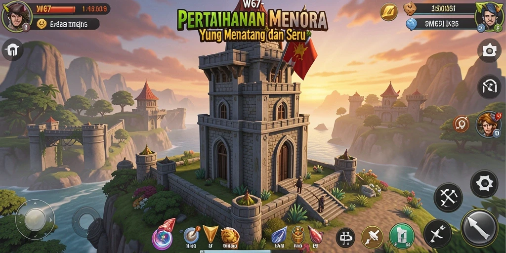 Screenshot W67 menunjukkan aksi seru dalam pertahanan menara.